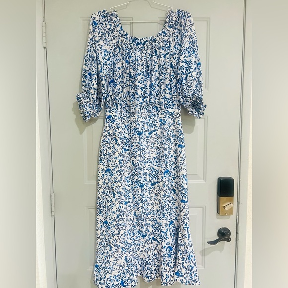 SALONI Grace off-the- shoulder Silk Midi Dress in Porcelain Print size 12 US - Picture 3 of 14